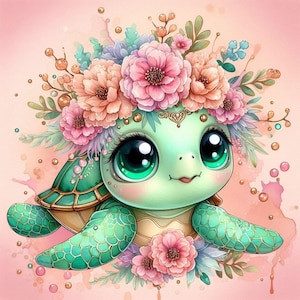 Digital - Hawaiianische grüne Wasserschildkröte im Kawaii-Stil mit Blumenkrone. Digitales Bild zum Basteln und Scrapbooking.