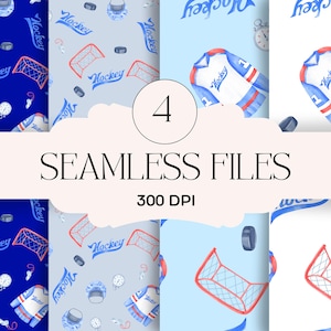 Op de afbeelding: Vier naadloze digitale bestanden met hockeypatronen. Ontwerpen omvatten hockeytruien, netten, pucks, helmen en stopwatches in blauw, rood en wit. Het woord "Hockey" is in een script geschreven. De tekst "SEAMLESS FILES 300 DPI" is ook aanwezig.