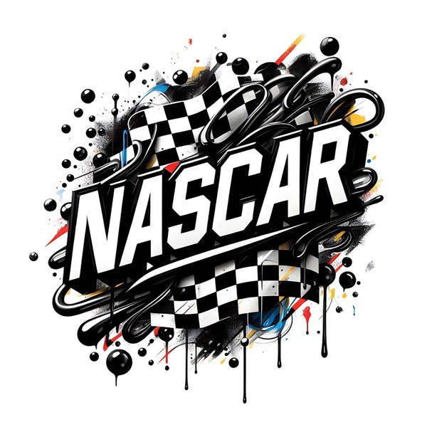 NASCAR images in reds, yellow, blue and checkered black abstract digital designs