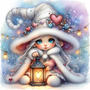 Imágenes digitales: hermosas gnomos de San Valentín para niñas de febrero con una linterna y detalles festivos en forma de corazón. Imágenes digitales para manualidades y álbumes de recortes.