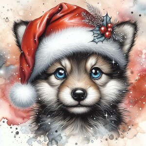 Numérique - Huskies de Noël portant de beaux chapeaux de Père Noël. Cartes de Noël, médailles, journaux, sacs fourre-tout, cadeaux amusants pour les amoureux des chiens.