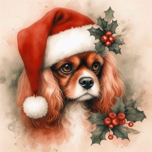 Digital - Perros, Cavaliers 2, Acuarela navideña Cavalier King Charles Spaniel Imágenes digitales para Scrapbooking