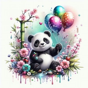 Digital - Panda com Balões de Aniversário. Imagens digitais para artesanato e scrapbooking.