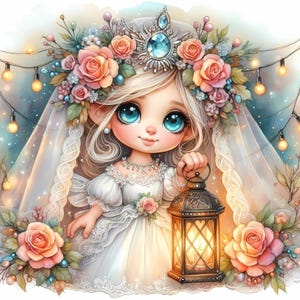 デジタル - 花冠と素敵なランタンのあるテーマのある結婚式の設定で、ブライダルドレスを着た美しいノームたち。