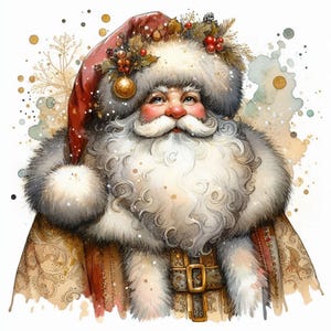 Cyfrowe - Święty Mikołaj w swoim ulubionym futrzanym garniturze, styl akwarelowy. Cyfrowe obrazy do majsterkowania i scrapbookingu.