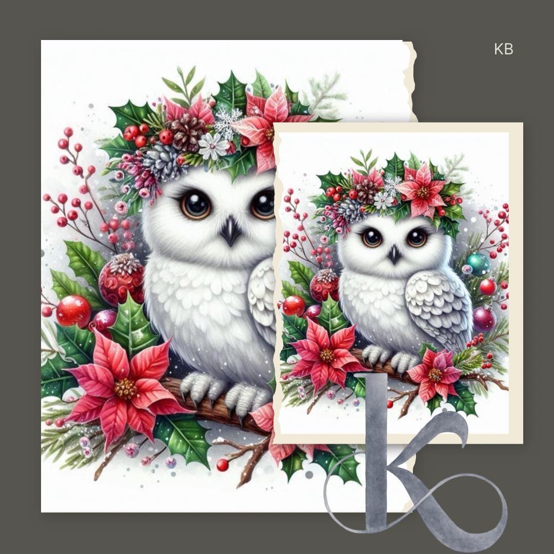 Winter Owl with Poinsettia Crown: Christmas Scrapbooking Image (Digital Download)