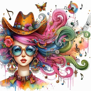 Numérique - Une femme originale et amusante avec un chapeau sur le thème de la musique country, des cheveux colorés et des lunettes originales.  Images numériques pour vos besoins d'artisanat.