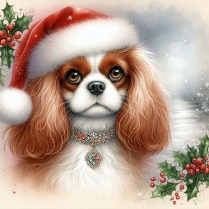Digital - Perros, Cavaliers 1, Acuarela navideña Cavalier King Charles Spaniel Imágenes digitales para Scrapbooking