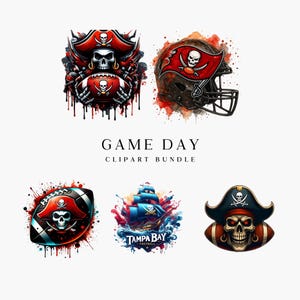 May include: A collection of digital clipart featuring pirate-themed designs. Includes a football, helmet, and pirate skull illustrations with the text "GAME DAY CLIPART BUNDLE". The designs use red, black, and white colors.