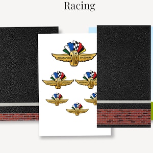 May include: A sheet of stickers featuring the Indianapolis Motor Speedway logo with wings and a checkered flag, alongside two rectangular panels showing a black asphalt road texture with a white lane line and a red brick border at the bottom.
