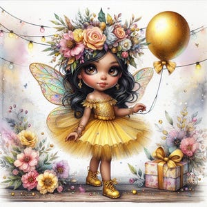 Digitale - Bellissima fata che indossa un tutù in un'ambientazione a tema compleanno con una corona floreale. Immagine digitale per artigianato e scrapbooking.