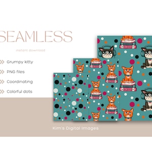Peut inclure: Motif numérique sans couture avec des chats grincheux avec des écouteurs, assis sur des livres et entourés de points colorés. Le motif comprend le texte "Grumpy kitty", "PNG files", "Coordinating" et "Colorful dots".