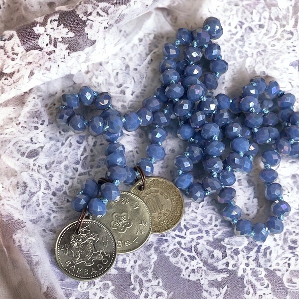 Vintage Charm: Hand-Beaded Crystal Necklace with Exquisite Foreign Coins