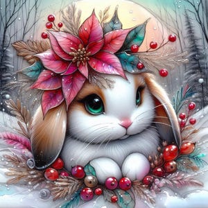 Digital - Hermosos conejitos de invierno con coronas florales bohemias, flores de Pascua y nieve. Imágenes para hacer álbumes de recortes y manualidades.