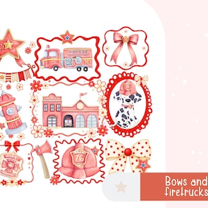 May include: Watercolor illustrations of fire trucks, a Dalmatian dog, bows, a fire station, and a fire hydrant. The images are framed with red borders and decorated with stars and flowers. The text "Bows and firetrucks" is at the bottom.