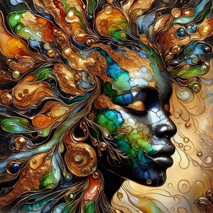 Numérique - Belle femme de la Terre nourricière en or et couleurs de la nature. Images téléchargeables pour le bricolage et le scrapbooking.
