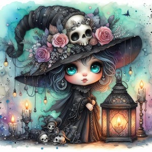 Digital - Beautiful Girl Gothic Gnomes met een lantaarn en schedels. Digitale afbeeldingen voor knutselen en scrapbooking. Instellen: