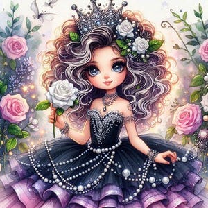 Digitaal: mooie prinses draagt haar favoriete baljurk in haar bloementuin. Digitale afbeeldingen voor knutselen en scrapbooking.