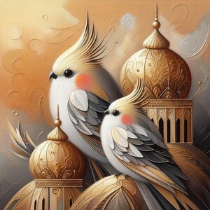 Digitaal: prachtige vogels in goud- en natuurkleuren. Digitale afbeelding voor knutselen en scrapbooking.
