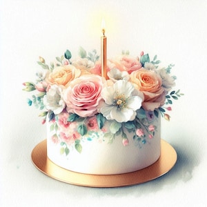 Digital - Hermoso pastel floral con una vela dorada encendida en archivos png de alta resolución