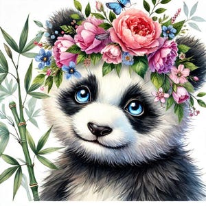 Digital - Pandas con adorables coronas de flores. Imágenes digitales lindas para manualidades y scrapbooking.