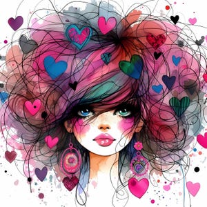 Numérique - Filles originales et amusantes avec des cheveux colorés sur le thème des cœurs de la Saint-Valentin.  Images numériques pour vos besoins d'artisanat.