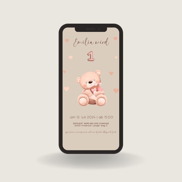 Digital personalisierte Einladungskarte - Mädchen - digitaler Download - WhatsApp - ecard - Baby - Teddybär