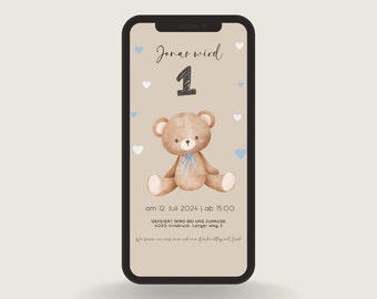 Digital personalized invitation card - boy - digital download - WhatsApp - ecard - baby - teddy bear