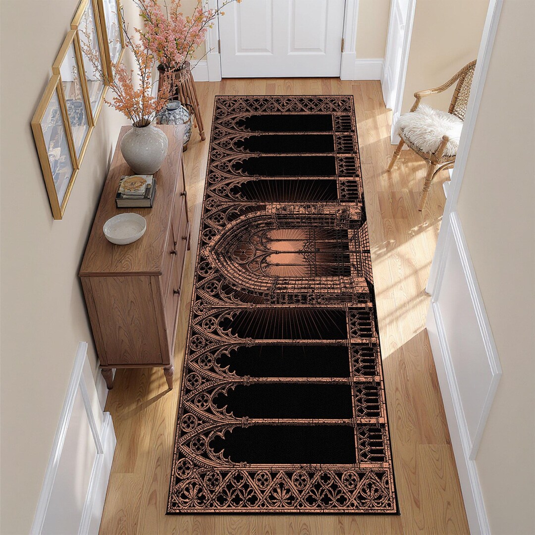 Cathedral Rug Gothic Cathedral Arch Runner Rug With Architectural Details, Dark Black ...