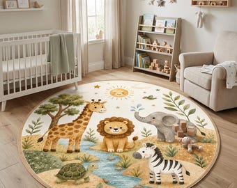 Safari Animals Round Rug, Jungle Nursery Carpet, Lion Giraffe Elephant Zebra Kids Room Decor, Washable Non Slip Indoor Outdoor Rug