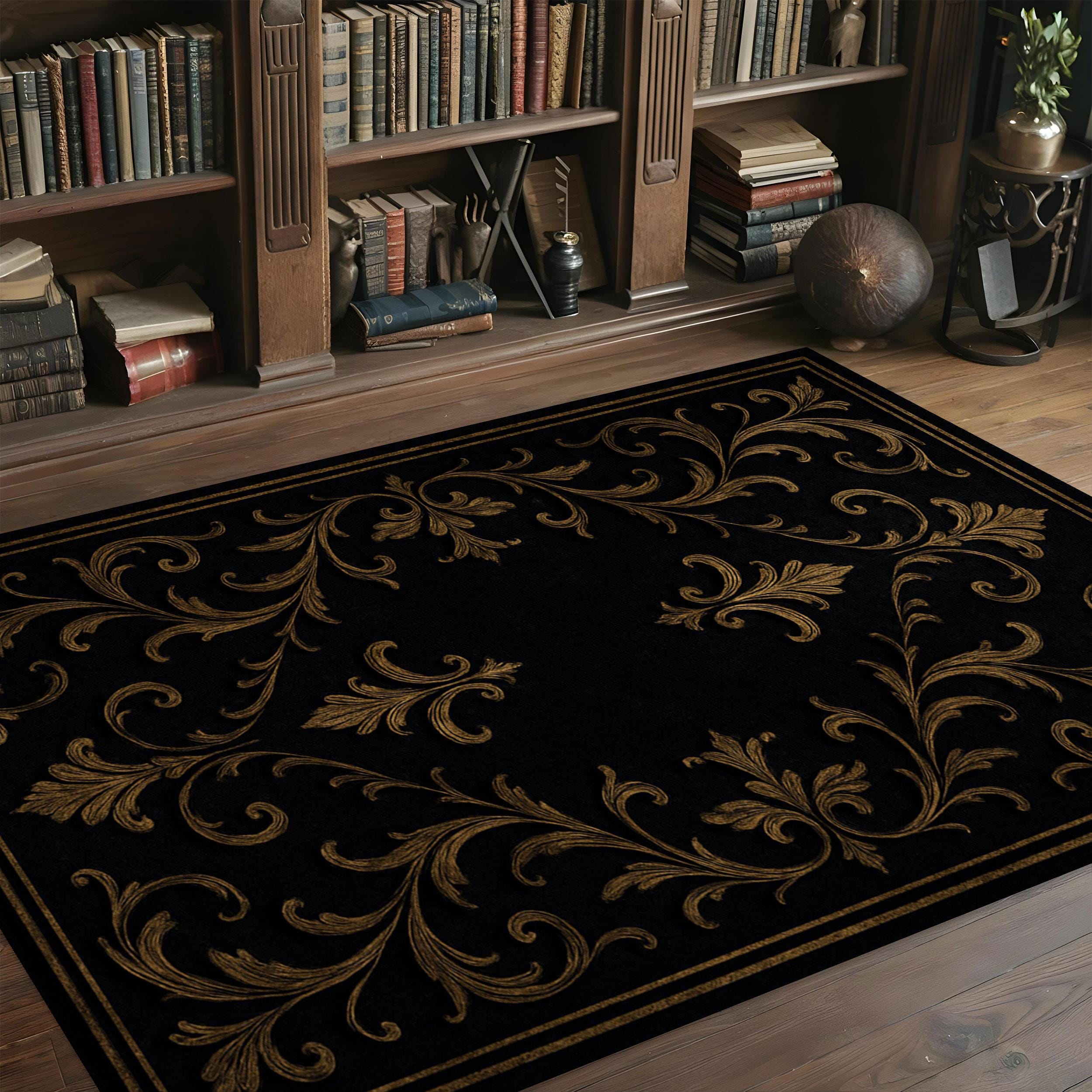 Round Baroque Rug Baroque Rug, Gothic Decor Rug, Black Gold Floor Mat, Elegant Room ...