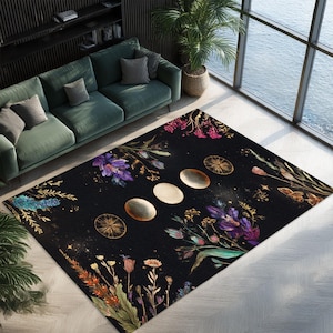Celestial Moon Phase Rug, Witchy Floral Area Carpet, Black Mystical Washable Floor Mat, Botanical Moon Magic Decor,Bedroom or Boho Space Rug
