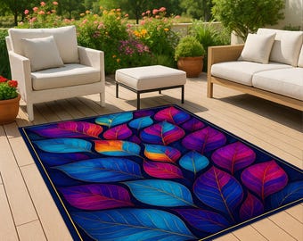 Alfombra de exterior con hojas tropicales, colorida alfombra botánica para patio, lavable, decoración moderna para balcones, resistente a la intemperie y con un toque vibrante.