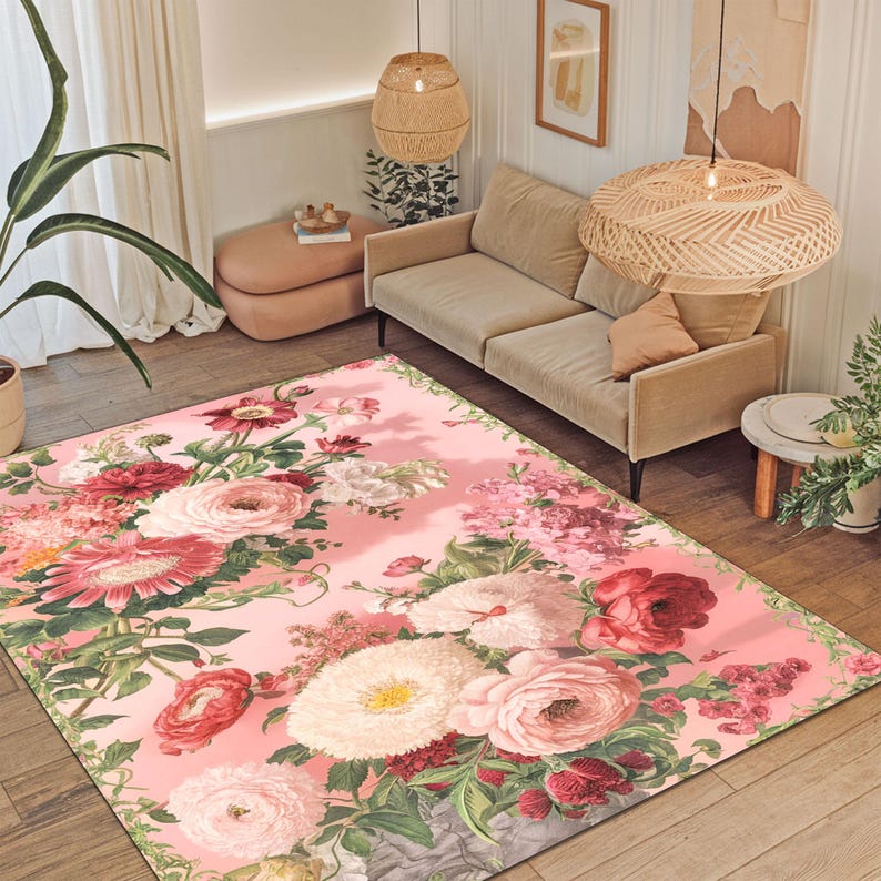 Romantic Floral Area Rug, Soft Pink Botanical Carpet, Shabby Chic ...