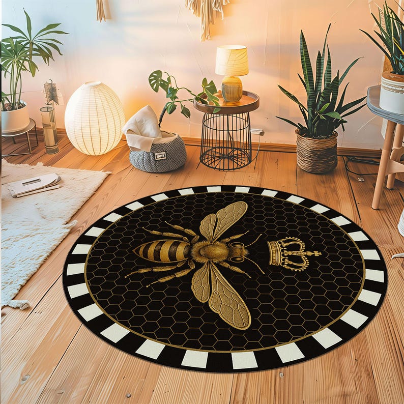 Bee Rug Runner Crowned Bee Rug, Gold Bee Carpet, Black Round Luxury Area Rug for ...