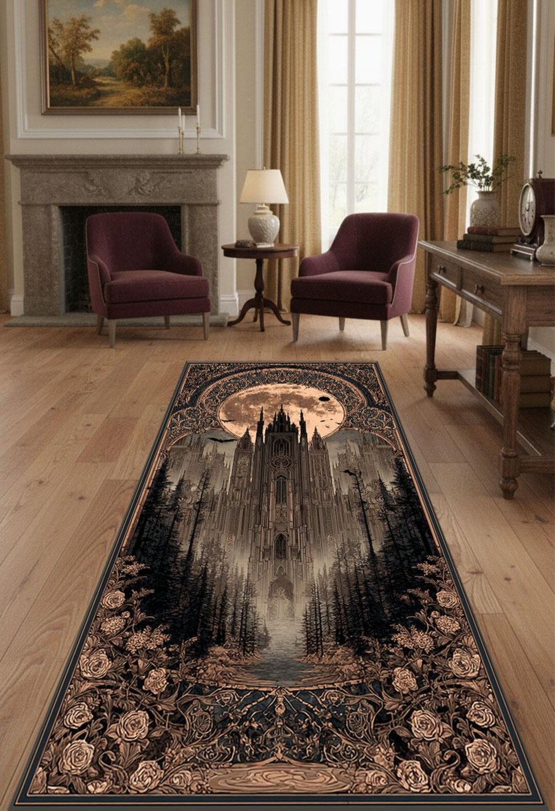 Cathedral Rug Gothic Cathedral Runner Rug, Sepia Moonlit Forest Artwork, Dark Fantasy ...