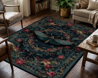 Gothic Moth Area Rug, Dark Teal Floral Carpet, Witchy Botanical Home Decor, Washable Non Slip Floor Rug