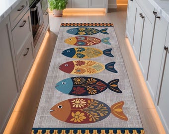 Fish Runner Rug, Kitchen Floor Mat, Colorful Folk Style Carpet, Non Slip Cute Boho Fish Rug, Long Kitchen Hallway Rug,Scandinavian Style Mat