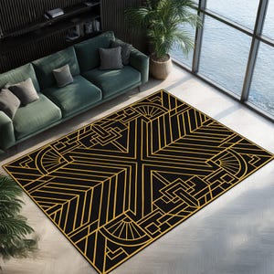 Art Deco Black and Gold Rug, Gatsby Style Geometric Carpet, Modern Floor Mat, Elegant Bold Pattern Area Rug for Stylish Living Room Decor