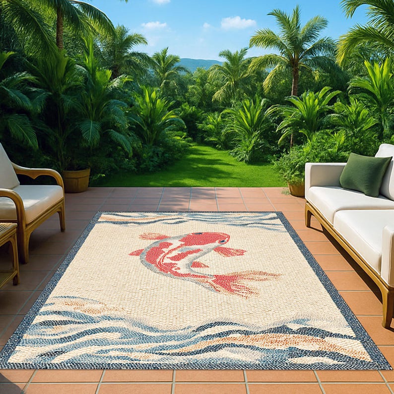 Red Koi Rug Japanese Koi Fish Outdoor Rug, Zen Wave Pattern Patio Carpet in Beige ...