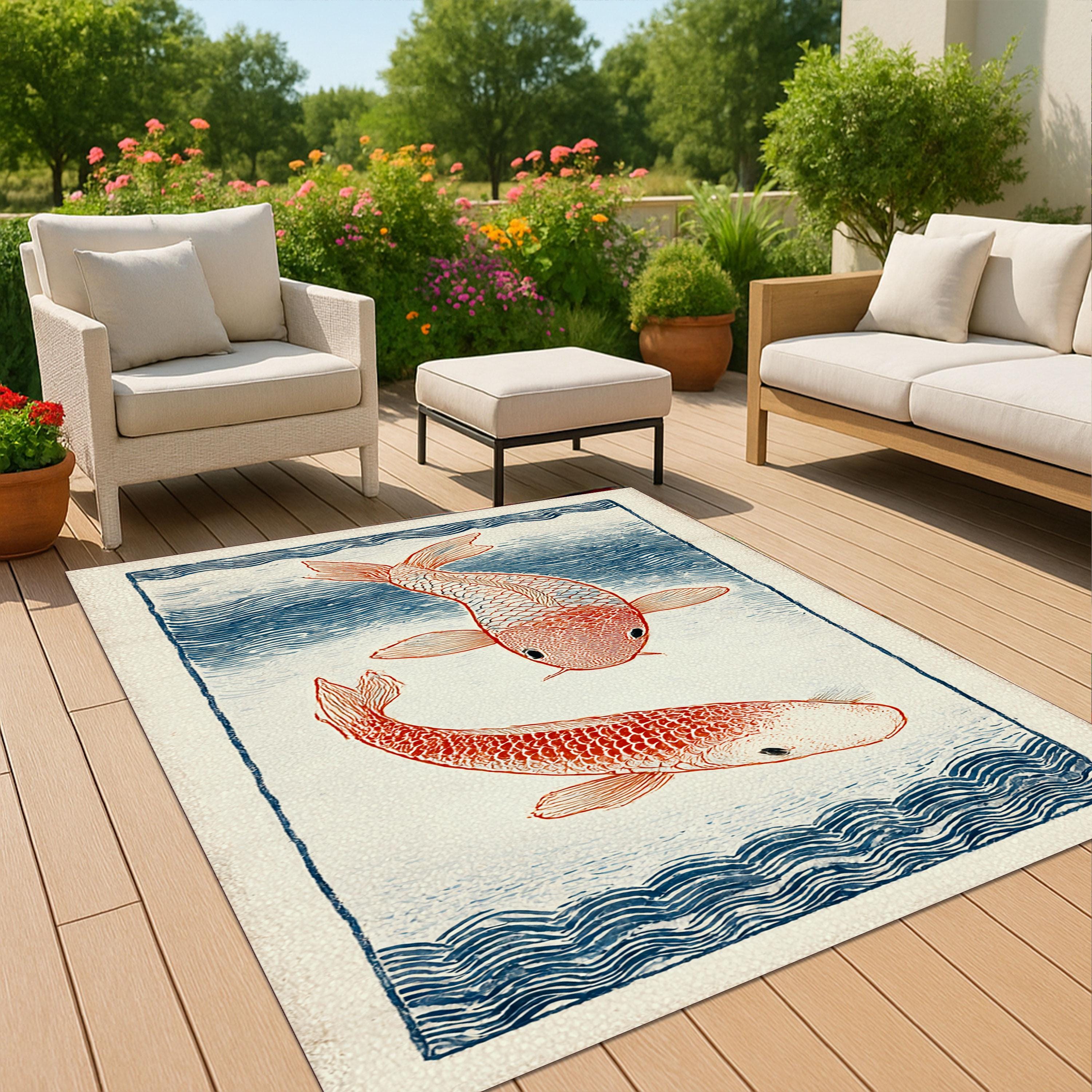 Japanese Koi Fish Outdoor Rug, Elegant Washable Patio Carpet ...