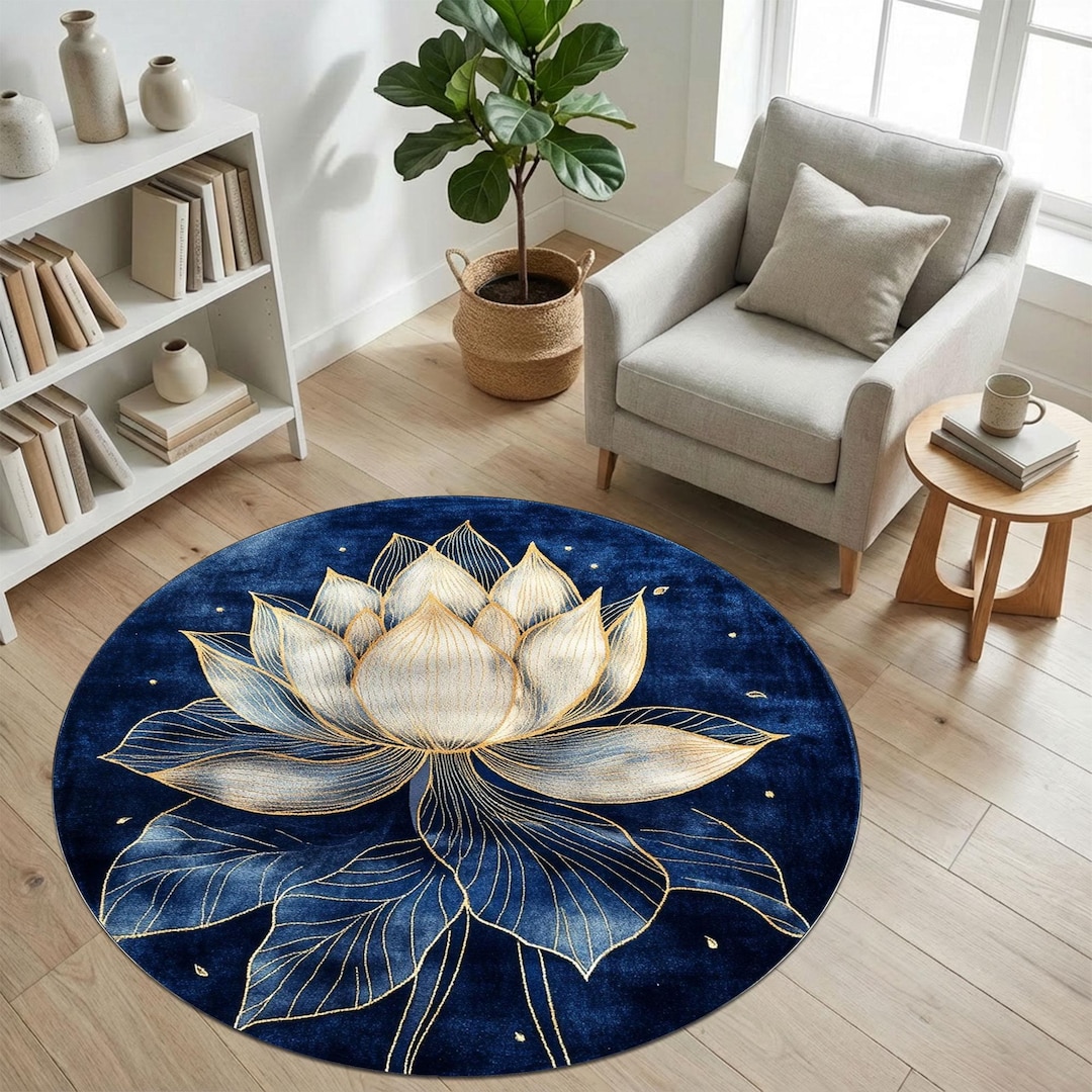 Modern Rug Lotus Rug Midnight Blue Lotus Round Rug With Gold Line Details, Elegant Spiritual ...
