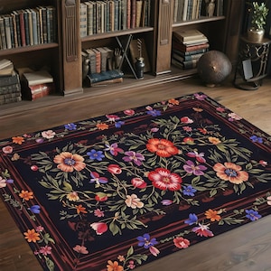 Dark Romantic Floral Rug with Red, Purple and Peach Blossoms on Black | Classic Decorative Flower Rug for Elegant Living and Dining Spaces