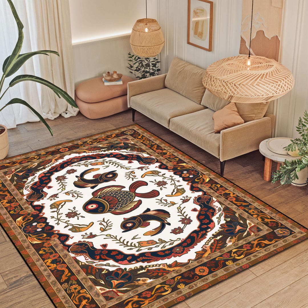Ethnic Fish Rug, Vintage Look Ocean Theme Rug, Artistic Blue Orange Mat ...