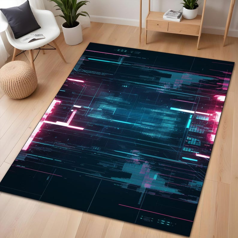 Futuristic Cyber Grid Rug, Sci-fi Glowing Holographic Tech Rug ...