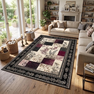 Botanisch patchwork vloerkleed, varens bloemenkleed, bordeauxrood zwart crème vloerdecoratie, landelijk vloerkleed voor binnen en buiten, terraskleed