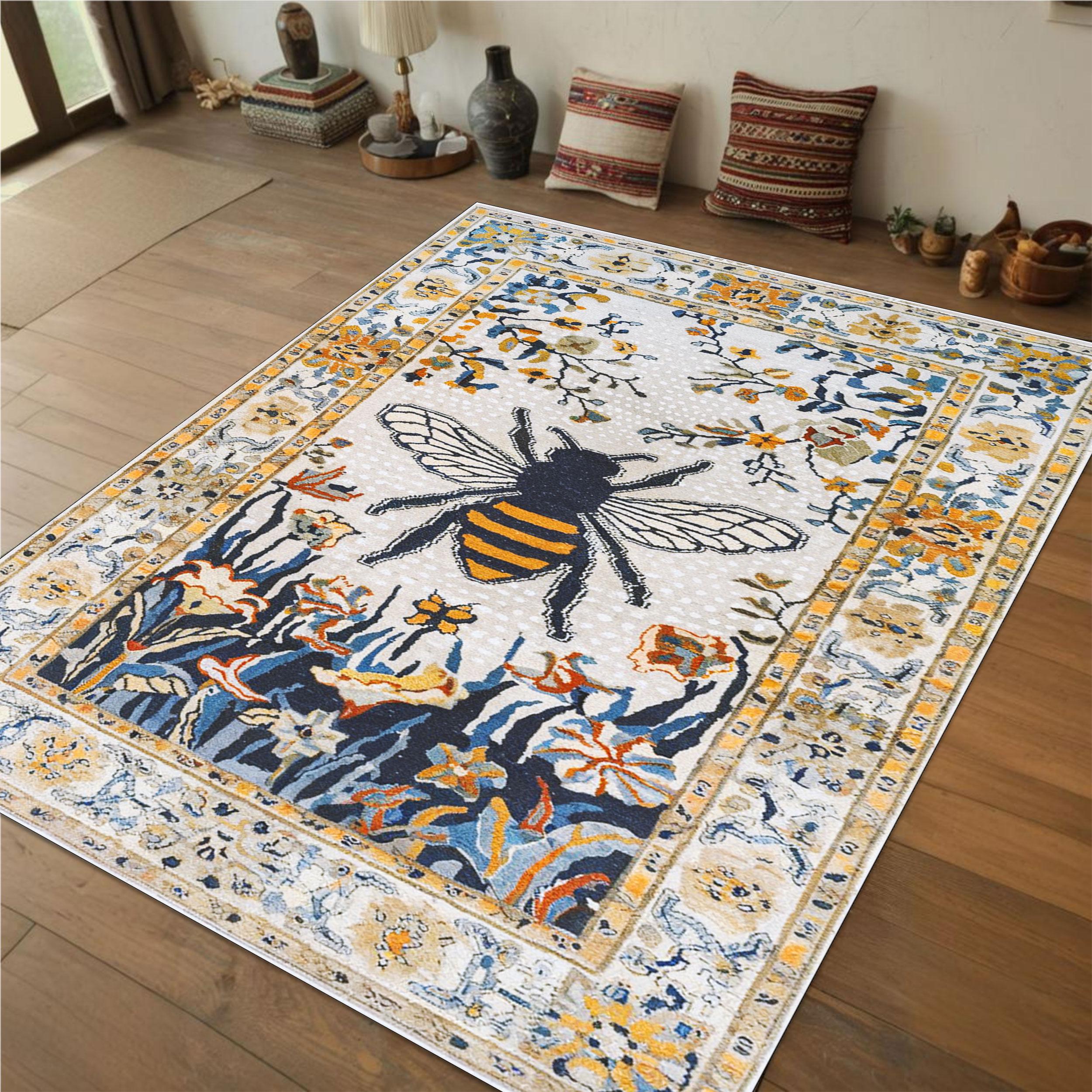 Vintage Bee Rug With Floral Motifs | Cottagecore Garden Carpet ...