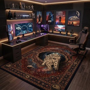 Peut inclure: Une salle de jeux avec un grand tapis orné du Faucon Millenium de Star Wars, un parquet en bois sombre, un bureau en L avec deux écrans d'ordinateur, une chaise de jeu, des étagères avec des figurines Star Wars et des affiches sur les murs.