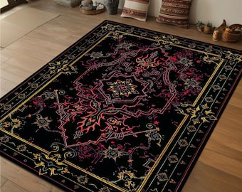 Mystic rood en zwart tapijt met gewaagde gotische patronen, zwart mystic donker tapijt met vurig rood ornamentontwerp, occult tapijt, hekserijtapijt