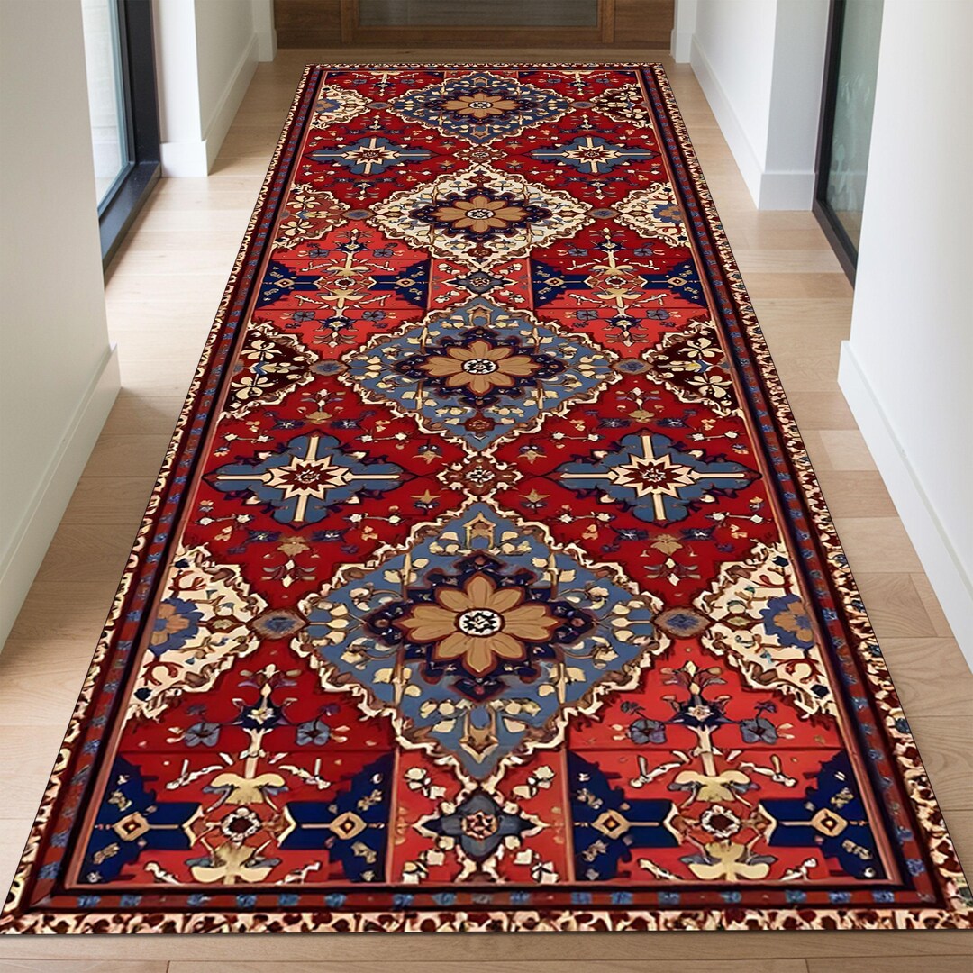 Red Traditional Runner Rug With Ornate Floral Medallion Patterns ...